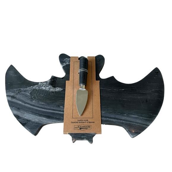 Black Bat Marble Cheese Board with Knife 17x10 Spooky Halloween Hosting NEW - Picture 13 of 14